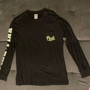 PINK - Black Oversized Long-Sleeve T-shirt with Neon Green Lettering